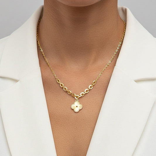 Işıltılı Yonca Figürlü Doç Zincir Kolye - 14 Ayar Altın Kaplama