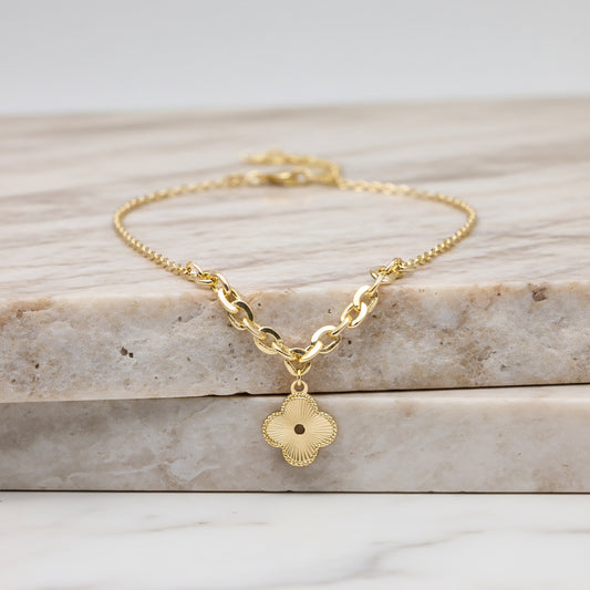 Işıltılı Yonca Figürlü Doç Zincir Kolye - 14 Ayar Altın Kaplama