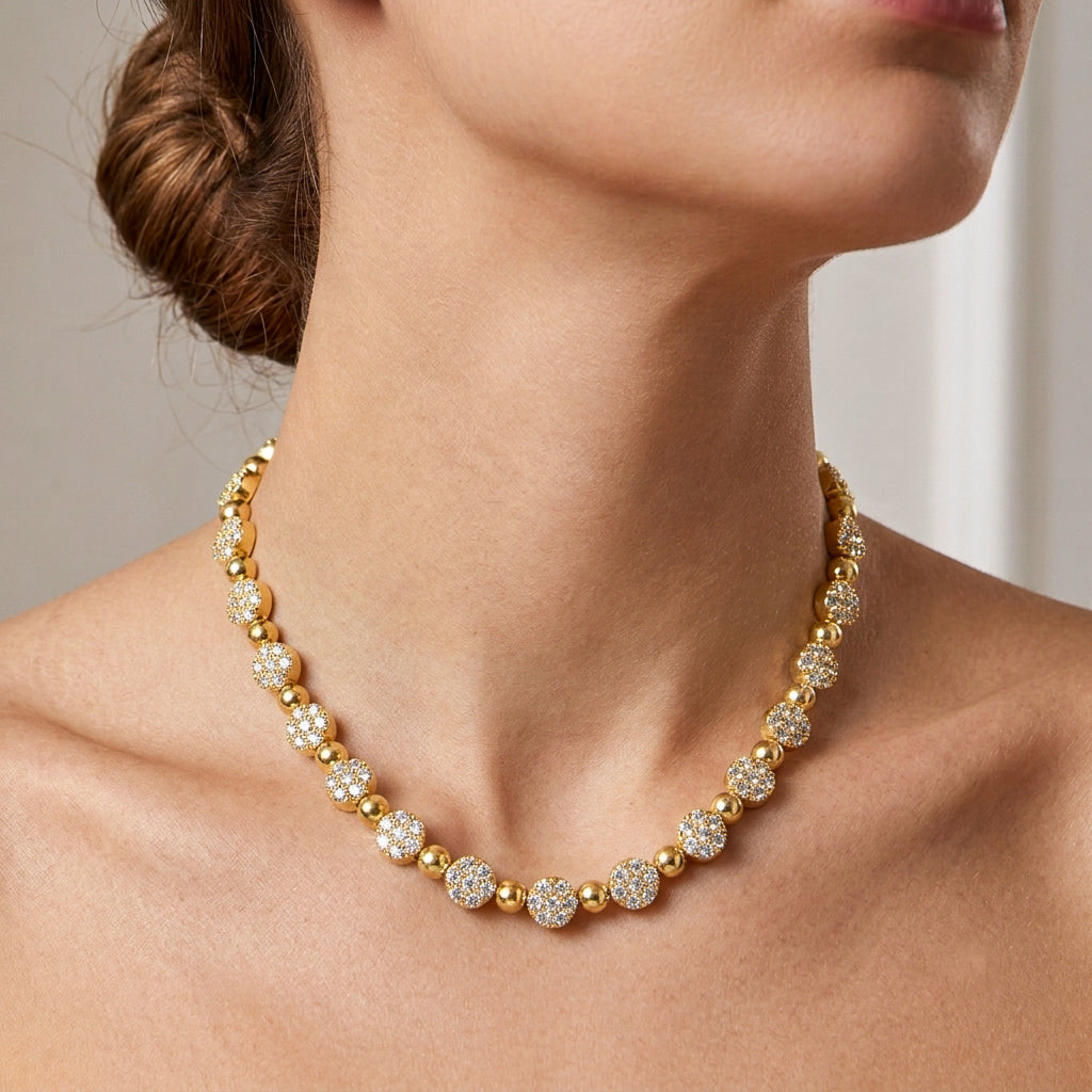 Taşlı Yuvarlak Motifli Choker Kolye - 14K Altın Kaplama